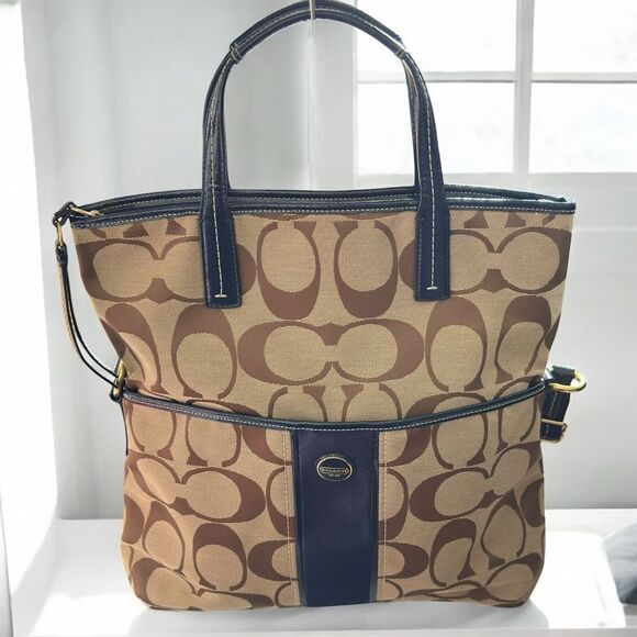 COACH Crossbody Signature Foldover - Khaki/Navy F23304 Jacquard Tote